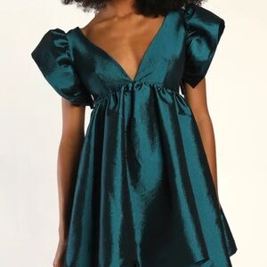 Lulus Dramatic Dreams Dark Teal Taffeta Ruffled Babydoll Dress size Small.